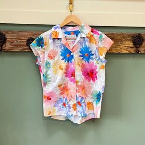 The Cat's Pajamas Womens Small Floral Cotton Button Down Shirt Watercolor Daisy